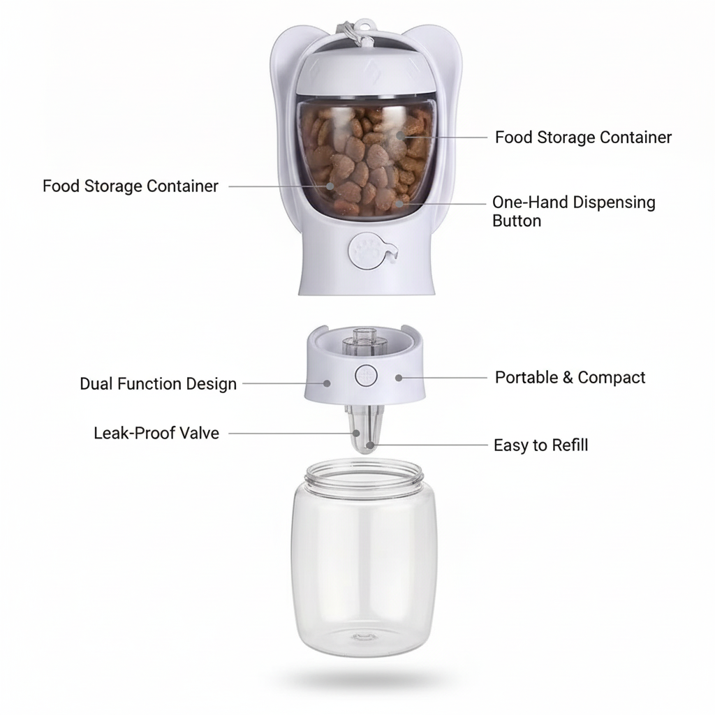 Portable Pet Food & Water Bottle - 3D Exploded View